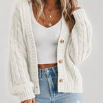 Women's Cable Knit Cardigan V Neck Button Down Chunky Knit Sweater Loose Lantern Sleeve Warm Outerwear