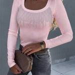 Women's Square Neck Long Sleeve Top Rhinestone Ribbed Knit Shirt Slim Fit Casual Sparkly Tee