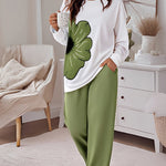 2 Pieces Outfit Floral Placement Print Long Sleeve Drop Shoulder Top and Elastic Waist Pants Set Causal Pajamas Set
