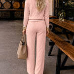 Women's 2 Piece Cable Knit Tracksuit Baseball Collar Crop Coat and High Waist Pants Set