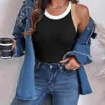 Women's Contrast Trim Ribbed Tank Top Slim Fit Sleeveless Round Neck Basic Camisole for Streetwear & Layering