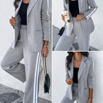 2 Pieces Outfit Notched Collar Single Breasted Pockets Design Coat and Elastic Waist Seam Front Wide Leg Pants Set Casual Contrast Side Striped Blazer Set