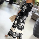 2 Pieces Outfit Skew Neck Lantern Sleeve Loose Fit Top and High Waist Elastic Waist Fishtail Maxi Skirt Set Casual Tropical Print Vacation Set