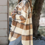 Women's Plaid Fleece Shacket Lapel Button Down Mid Length Oversized Jacket