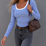 Women's Striped Ribbed U-Neck Long Sleeve Top Slim Fit Contrast Trim Tee