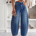 Women's Barrel Jeans High Waisted Side Button Denim Pants Distressed Washed Baggy Trousers Retro Y2K Streetwear