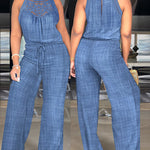 Women's Halter Jumpsuit Lace Trim Backless Overalls Tied Detail Wide Leg Jumpsuit with Pockets
