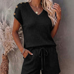 Women's Ribbed Knit 2 Piece Outfits V Neck Short Sleeve Top and Drawstring Shorts Set Casual Lounge Suits with Pockets