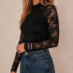 Women's Mock Neck Lace Raglan Long Sleeve Slim Fit Top