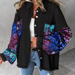 Colorblock Sequin Patchwork Long Sleeve Jacket Top Button Front Raw Hem Shacket