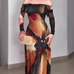 Women's Oil Painting Print Foldover Off-Shoulder Mesh Overlay Maxi Dress Long SleeveRuched Mermaid Long Dress