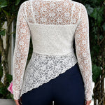 Women's 2 Piece Outfit Sheer Floral Lace Asymmetrical Hem Long Sleeve Top with Cami Top