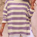 Women's Striped T Shirt Long Sleeve Drop Shoulder Crewneck Tee Side Slit Casual Loose Fit Top