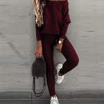 2 Pieces Outfit Skew Neck Long Sleeve Loose Pullover Top and Drawstring High Waist Slim Fit Pants Set