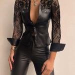 Women's Floral Lace Spliced Button-Down PU Leather Shirt Top