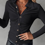 Long Sleeve Button Down Shirt Collar Neck Ruched Fitted Top