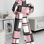 Geometric Print Colorblok Hoodie & Wide Leg Pant Set