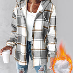 Plaid Pattern Long Sleeve Shacket Button Down Fleece Lined Hooded Jackets Warm Coat
