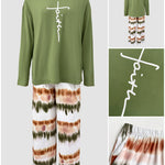 2 Pieces Outfit Letter Print Long Sleeve Top and Tie Dye Print Elastic Waist Pants Set Casual Pajamas Set