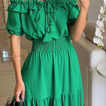 Off Shoulder Short Sleeve Frill Hem Lace Up Dress Casual Strechy Waist Flared Maxi Dress