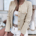Women's French Style Cropped Jacket Round Neck Gold Button Coat Argyle Cable Jacquard Knit Outerwear