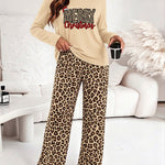 Women's Two Piece Pajamas Set Christmas Letter Print Long Sleeve Top and Leopard Pants with Pockets