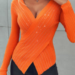 Rhinestone Decor Overlap V Neck Long Sleeve Knit Sweater Asymmetrical Hem Slim Fit Textured Pullover Top