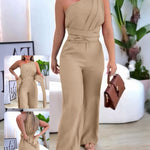 One Shoulder Sleeveless Ruched Cinched Waist Zipper Side Overalls Tied Detail Elastic Waist Wide Leg Jumpsuit