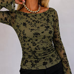Women's Vintage Flocked Floral Mesh Top Boat Neck Ruched Flare Long Sleeve Tee