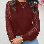 Contrast Lace Round Neck Lantern Sleeve Ruched Blouse Elegant Shirt