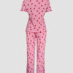 2 Pieces Outfit Strawberry Print Stand Collar Short Sleeve T-shirt and Pants Pajamas Set