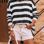 Women's Striped T Shirt Long Sleeve Drop Shoulder Crewneck Tee Side Slit Casual Loose Fit Top
