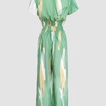 2 Pieces Outfit V Neck Petal Sleeve Tie Front Shirred Back Hem Crop Top and High Waist Elastic Back Waist Wide Leg Pants Set Casual Colorblock Abstract Print Set