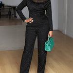 2 Pieces Outfit Cowl Neck Lace Spliced Long Sleeve Top and Elastic Waist Wide Leg Pants Set Casual Glitter Set