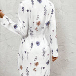 Watercolor Floral Print Turn-down Collar Turn-Up Sleeves Shirred Back Shirt Dress Casual Button Down Cinched Waist Asymmetrical Hem Vacation Dress