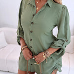 Turn-down Collar Roll Up Sleeve Button Down Shirt Dress Casual Shirred Back Side Drawstring Mini Dress