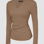 Chicme Built In Bra Notch Neck Long Sleeve Shirts Rib Knit Ruched Waist Top