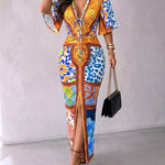 Women's Vintage Baroque Print Maxi Dress Sexy V Neck Ruched Drawstring Bodycon Dress High Slit Party Dress