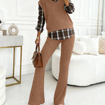 Vintage Plaid Print Spliced Turn-down Collar Long Sleeve Faux Two-Piece Top and Elastic Waist Pants Set Casual Ribbed Brushed Commuting Set
