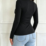 Women's Deep V Neck Rhinestone Top Slim Fit Long Sleeve Ribbed Knit Tee Sparkly Blouse