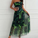 Women's Tropical Leaf Print Tube Maxi Dress Sexy Sheer Mesh Rhinestone Ruched Long Dress with Detachable Clear Straps