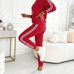 Women's Contrast Side Striped Athletic Set Drawstring Hoodie Top and Jogger Sweatsuit Casual Sweatpants Set with Pockets