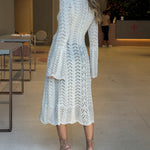 Round Neck Asymmetrical Hem Hollow Out Knitted Sweater Casual Scallop Trim Bell Sleeve Top
