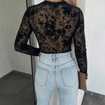 Women's Mesh Flocked Floral Top Lined Sheer Long Sleeve Tee Crewneck Slim Fit Layering Under Base Top with Thumbholes
