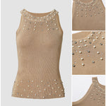 Women's Pearl Rhinestone Halter Neck Knit Top Slim Fit Tank