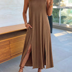 Women's Sleeveless Ribbed Knit Maxi Dress Loose A-Line Slit Tank Dress Casual Lounge Long Dress with Pockets