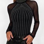 Women's Rhinestone Mesh Long Sleeve Mock Neck Top Slim Fit Tee