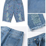 Women's Colorful Rhinestone Ripped Denim Shorts High Waisted Raw Hem Y2K Washed Jean Shorts