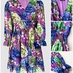 Floral Print Overlap V Neck Long Sleeve Shirred Waist Ruffle Hem Dress Casual Cinched Waist Flared Cuffs Chiffon Vacation Dress with Lining