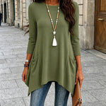 Women's Ribbed Asymmetrical Hem Top Crewneck Three Quarters Sleeve A-Line Casual Top